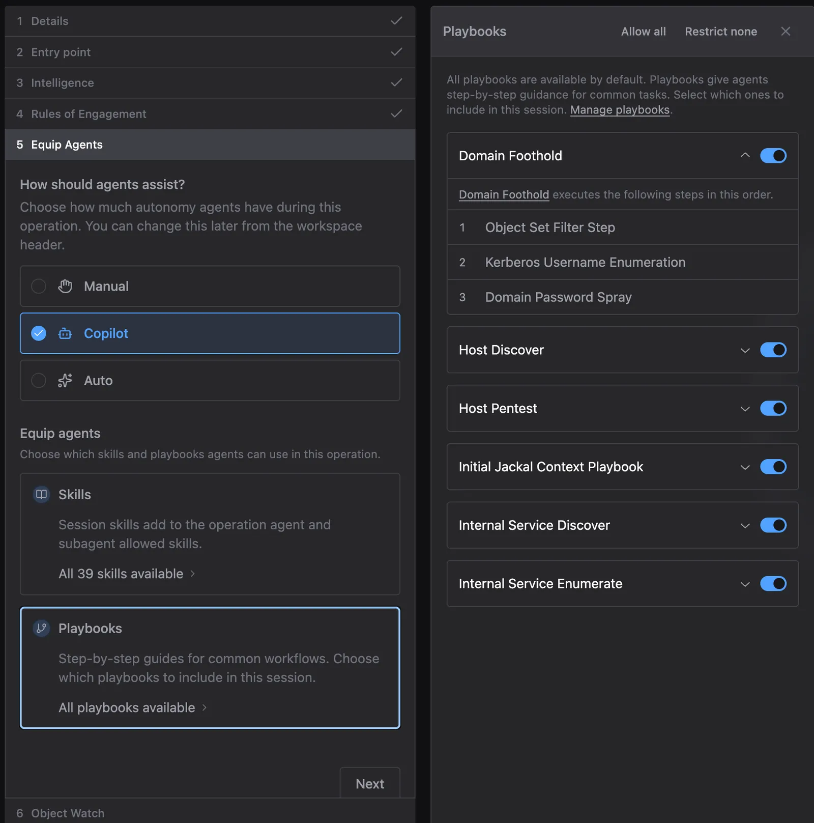 Playbooks panel with an expanded Playbook showing its ordered steps, several other Playbooks listed with toggles, and Allow all and Restrict none controls