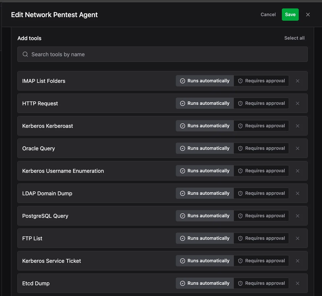 Edit Network Pentest Agent view showing the Add tools section with each tool having Runs automatically and Requires approval toggle options.