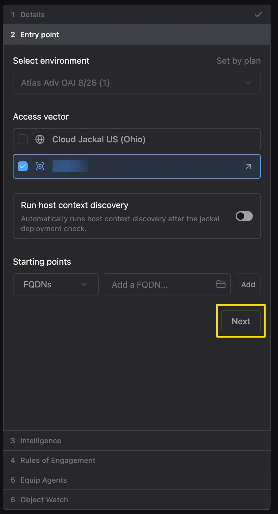 Entry point step showing Select environment marked Set by plan, an Access vector list with a Cloud Jackal and an installed Jackal option, a Run host context discovery toggle, and a Starting points field for adding FQDNs