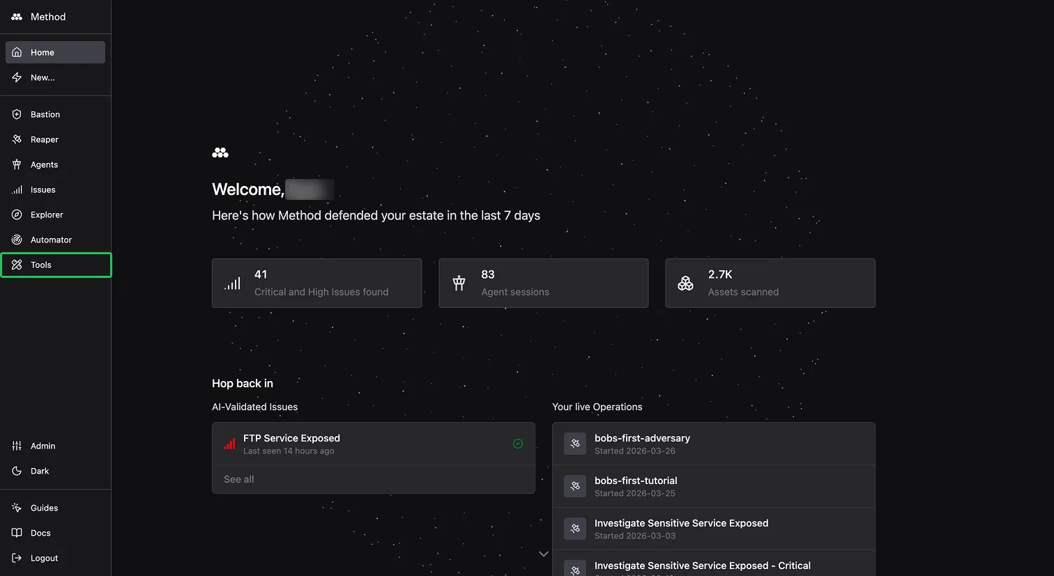 Method homepage with the Tools app highlighted in the left sidebar
