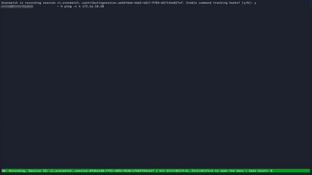 A terminal at the start of an Overwatch recording, with the green Overwatch status bar across the bottom showing the active Session ID, a hotkey reminder, and Cmds Count: 0.