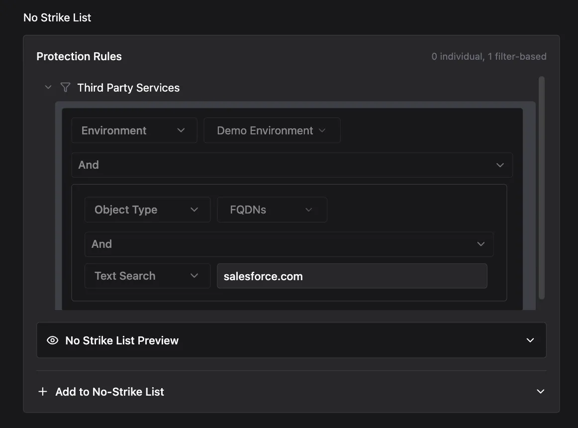 No Strike List Protection Rules showing a filter-based rule named Third Party Services, scoped to the Demo Environment with Object Type set to FQDNs and a Text Search for salesforce.com, with a No Strike List Preview and Add to No-Strike List section