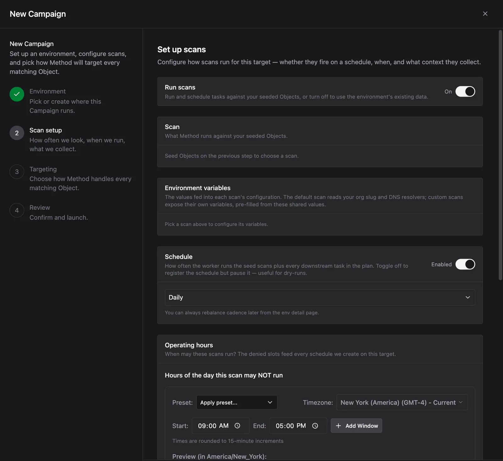 Scan setup screen showing the Run scans toggle set to On, a Scan picker prompting you to seed Objects first, an Environment variables section, a Schedule set to Daily, and an Operating hours section with a time range of 09:00 AM to 05:00 PM