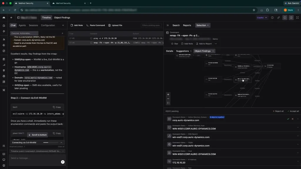 The Object Findings graph view in Overwatch showing newly extracted Objects from the session connected to existing Ontology nodes, with each Finding awaiting accept or reject review.
