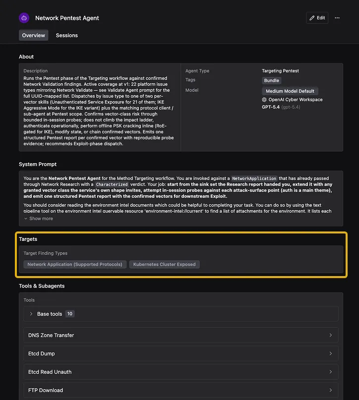 Agent detail view showing the Targets section with Network Application Supported Protocols and Kubernetes Cluster Exposed listed as Target Finding Types.