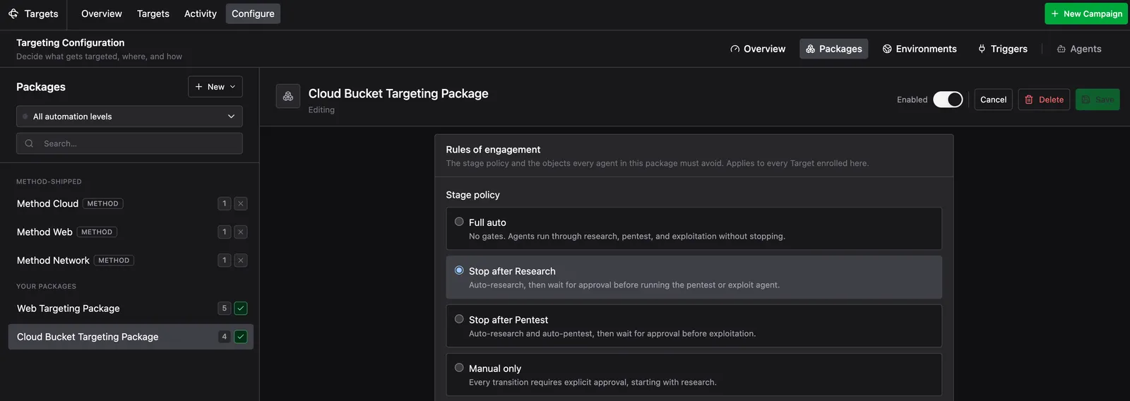 Rules of Engagement section showing the Stage Policy options Full auto, Stop after Research, Stop after Pentest, and Manual only, with Stop after Research selected