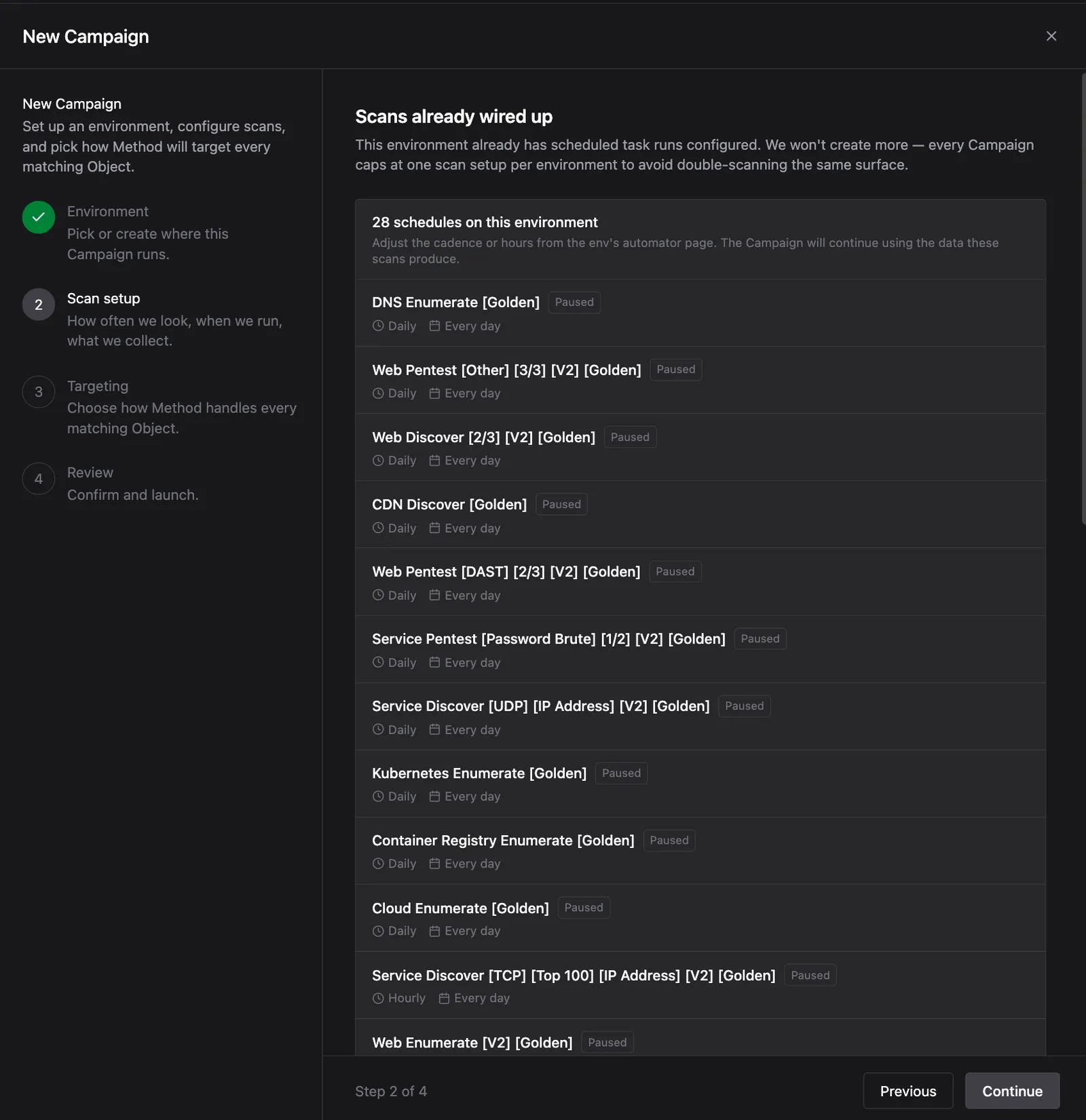 Scan setup screen showing Scans already wired up with a message that the environment already has scheduled task runs configured and won't create more. A list of existing paused scans is shown including DNS Enumerate, Web Pentest, Web Discover, CDN Discover, and others.