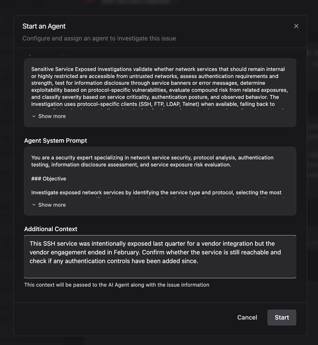 Start an Agent modal showing Agent name, description, system prompt, and additional context field
