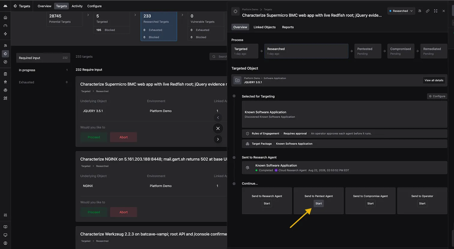 Target detail view showing Process timeline, Targeted Object, Selected for Targeting, completed Research Agent session, and Continue section with Send to Research Agent, Send to Pentest Agent, Send to Compromise Agent, and Send to Operator options.