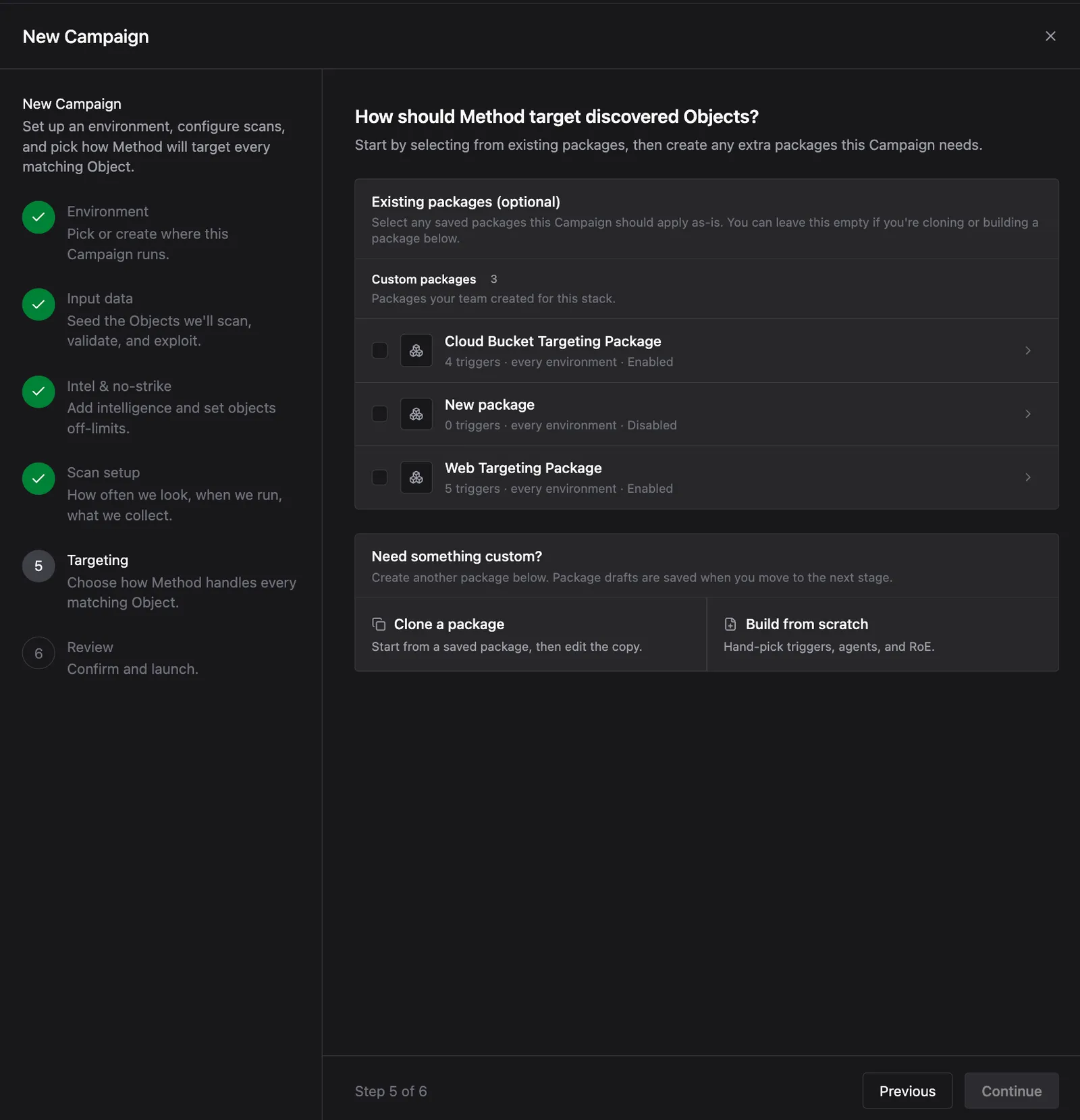 Targeting step showing existing custom packages (Cloud Bucket Targeting Package, New package, Web Targeting Package) with checkboxes, and a Need something custom section with Clone a package and Build from scratch options