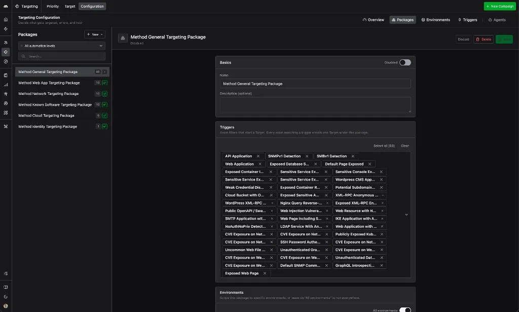 Top half of the Method General Targeting Package configuration form showing Basics (name and description) and a Triggers list of 48 Target Types including API Application and SNMPv1 Detection.
