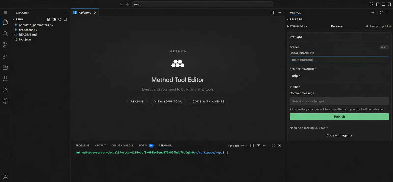 Method Tool Editor with the Release panel showing the main branch, commit message field, and Publish button
