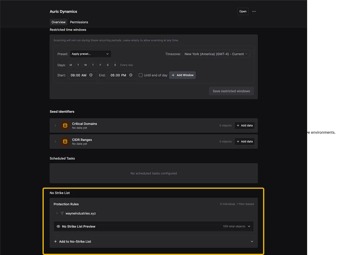 Environment configuration showing the No Strike List section with a filter-based protection rule for wayneindustries.xyz covering 159 total objects.