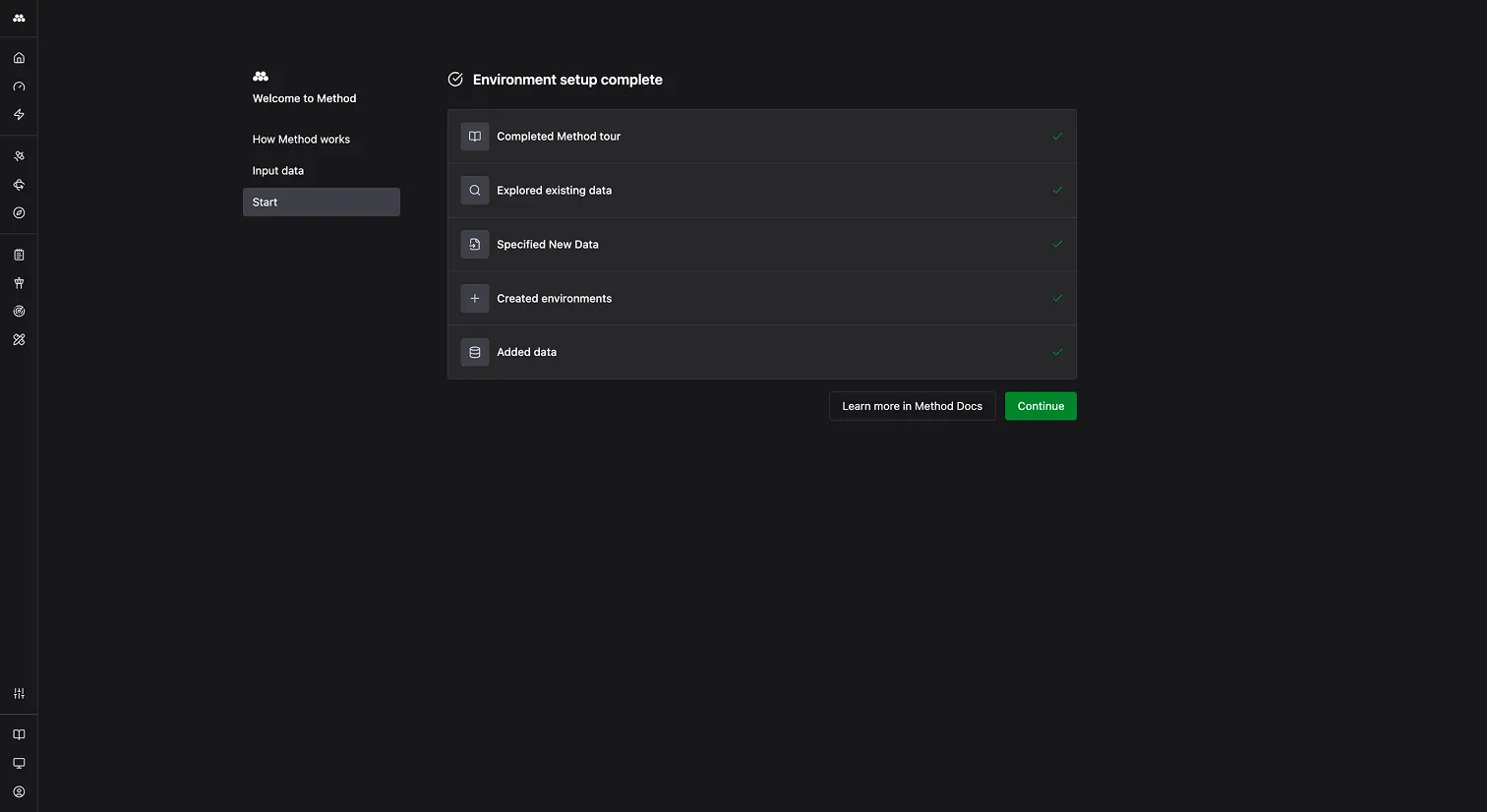 Environment setup complete checklist showing completed steps for the Method tour, exploring existing data, specifying new data, creating environments, adding data, and starting new scans.