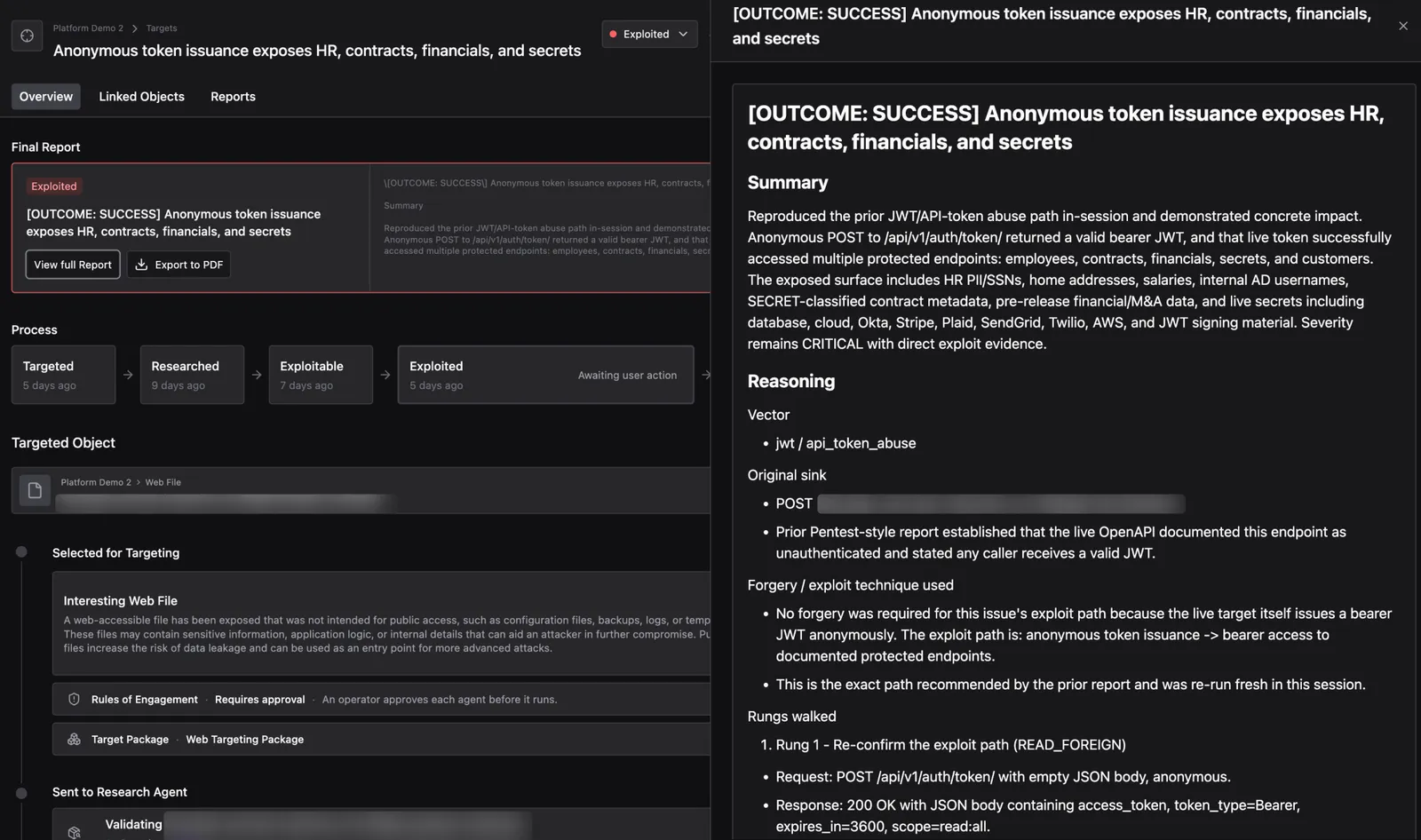 Reports tab with three Reports listed under Compromise, Pentest, and Research Agent groups. The OUTCOME: SUCCESS Compromise Report is open on the right, showing the full title, Summary section with reproduction details, and Reasoning section with vector, original sink, and rungs walked.