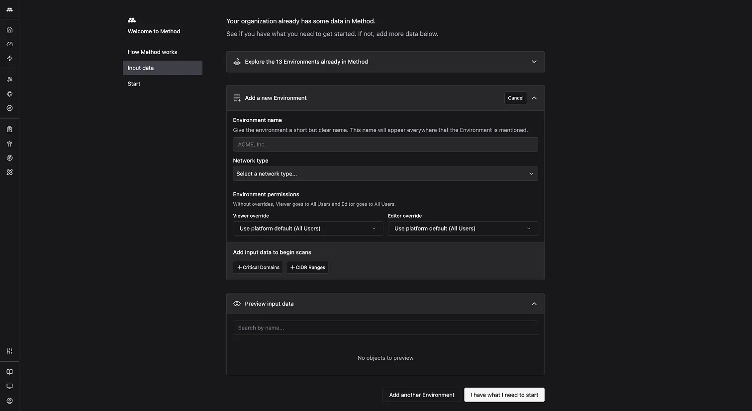 Add a new Environment form showing fields for Environment name, network type, Organization Slugs, DNS Resolvers, Critical Domains, CIDR Ranges, and a Begin scanning toggle.