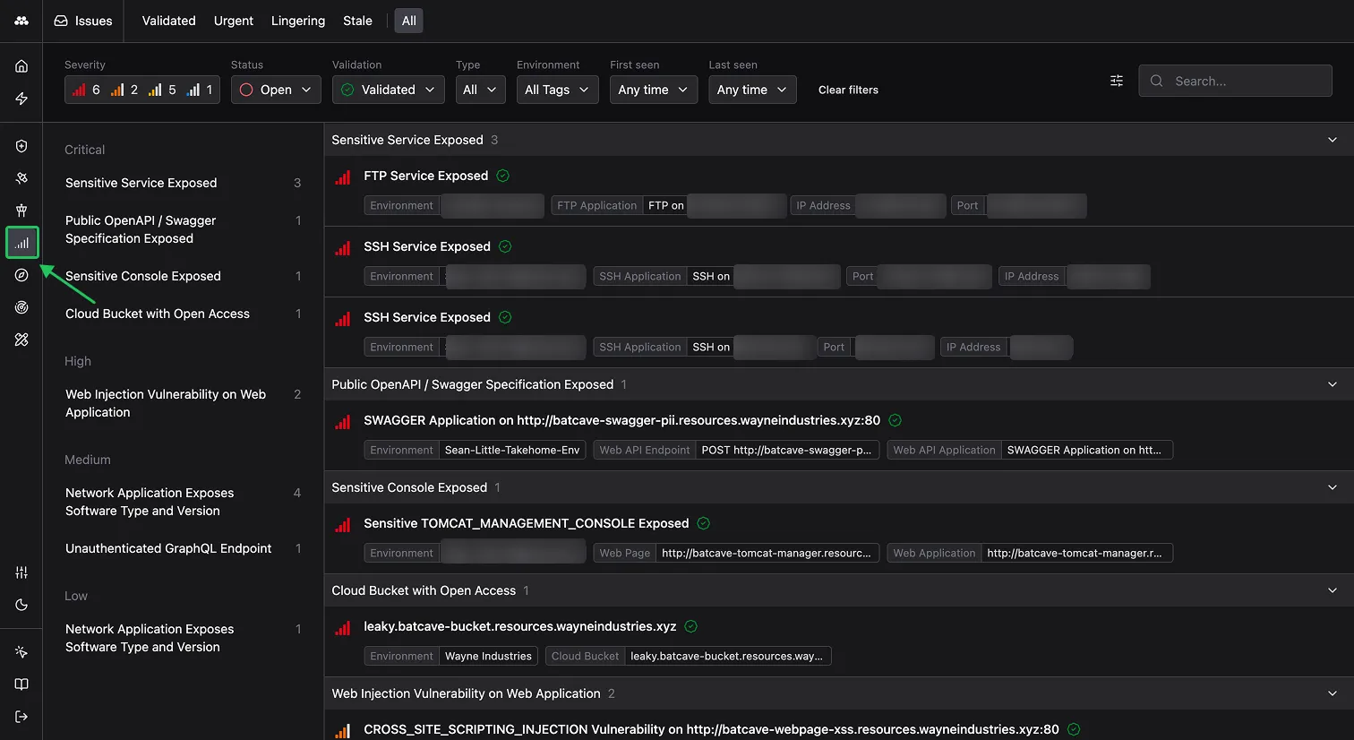 Findings app showing Validated Findings organized by severity with filter controls