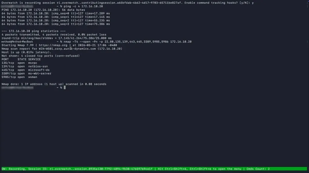 A terminal session showing a ping command and an nmap command with their full outputs, and the green Overwatch status bar at the bottom showing the active Session ID and Cmds Count: 2.