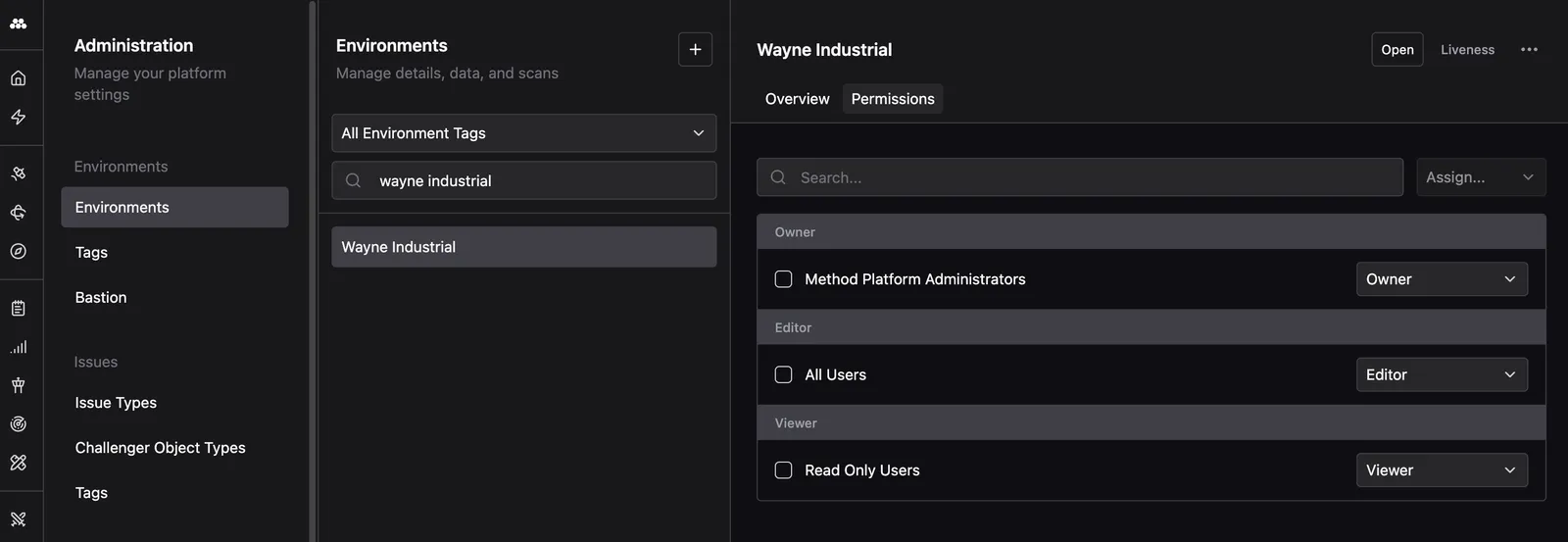 Environment permissions tab showing the access level of each group for an environment