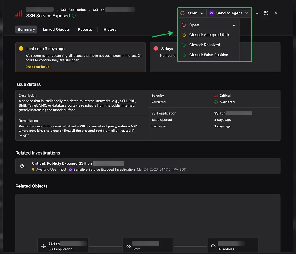 Finding status dropdown showing Open and Closed options