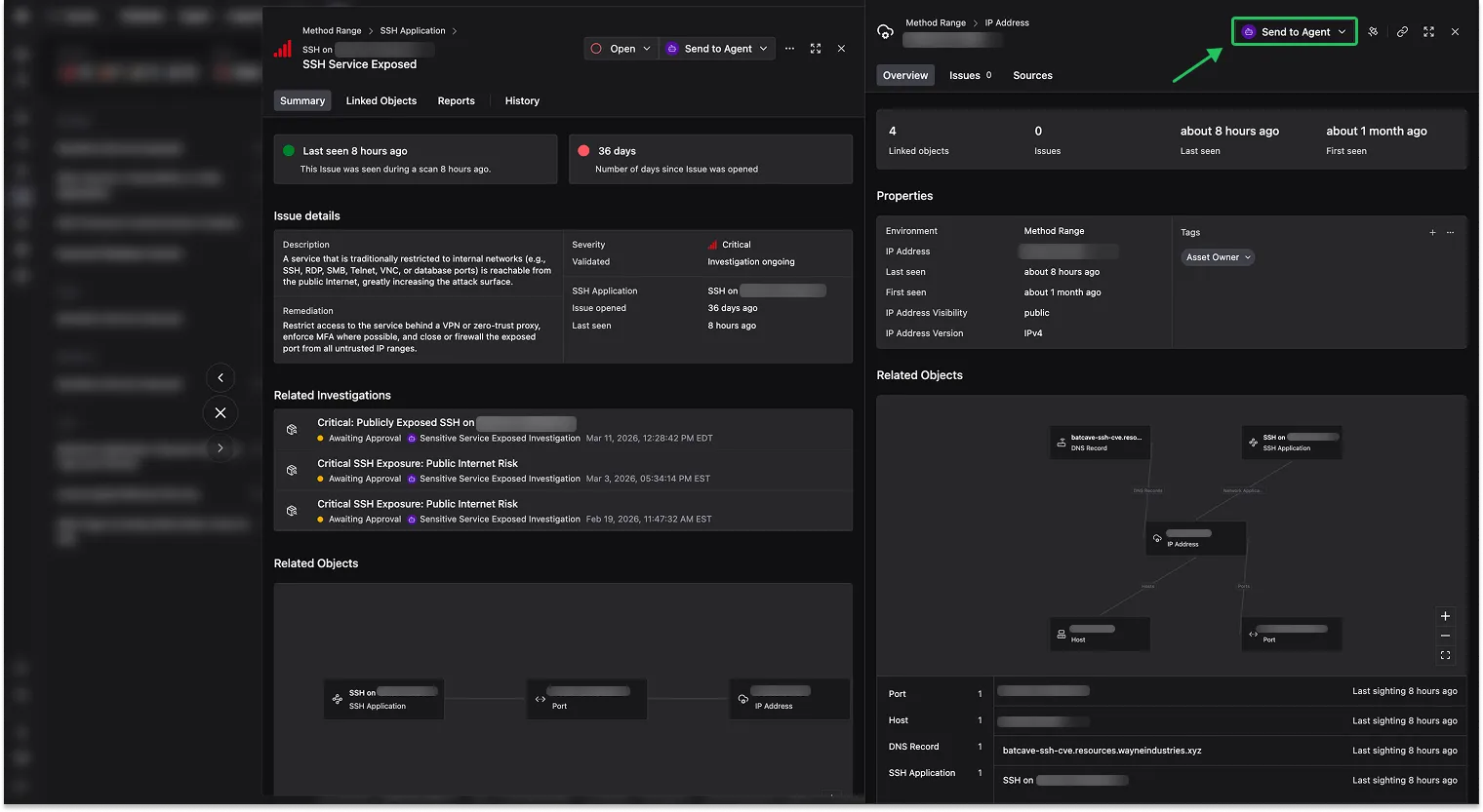 Finding detail panel with Send to Agent button highlighted