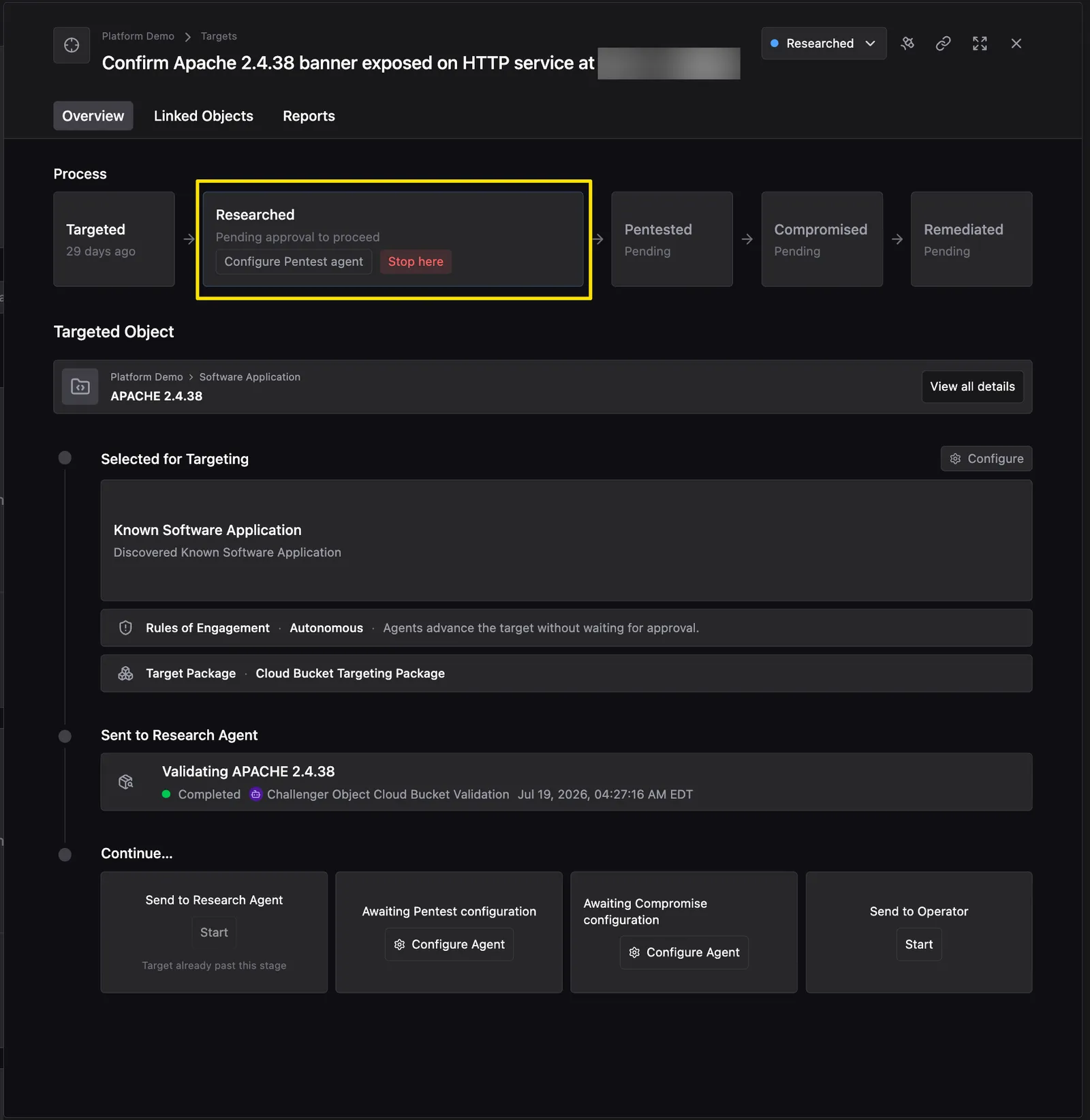 Researched Target Overview tab for Confirm Apache 2.4.38 banner exposed on HTTP service, with the Process pipeline showing the Researched stage highlighted and Pending approval to proceed alongside Configure Pentest Agent and Stop here options, above the APACHE 2.4.38 Targeted Object